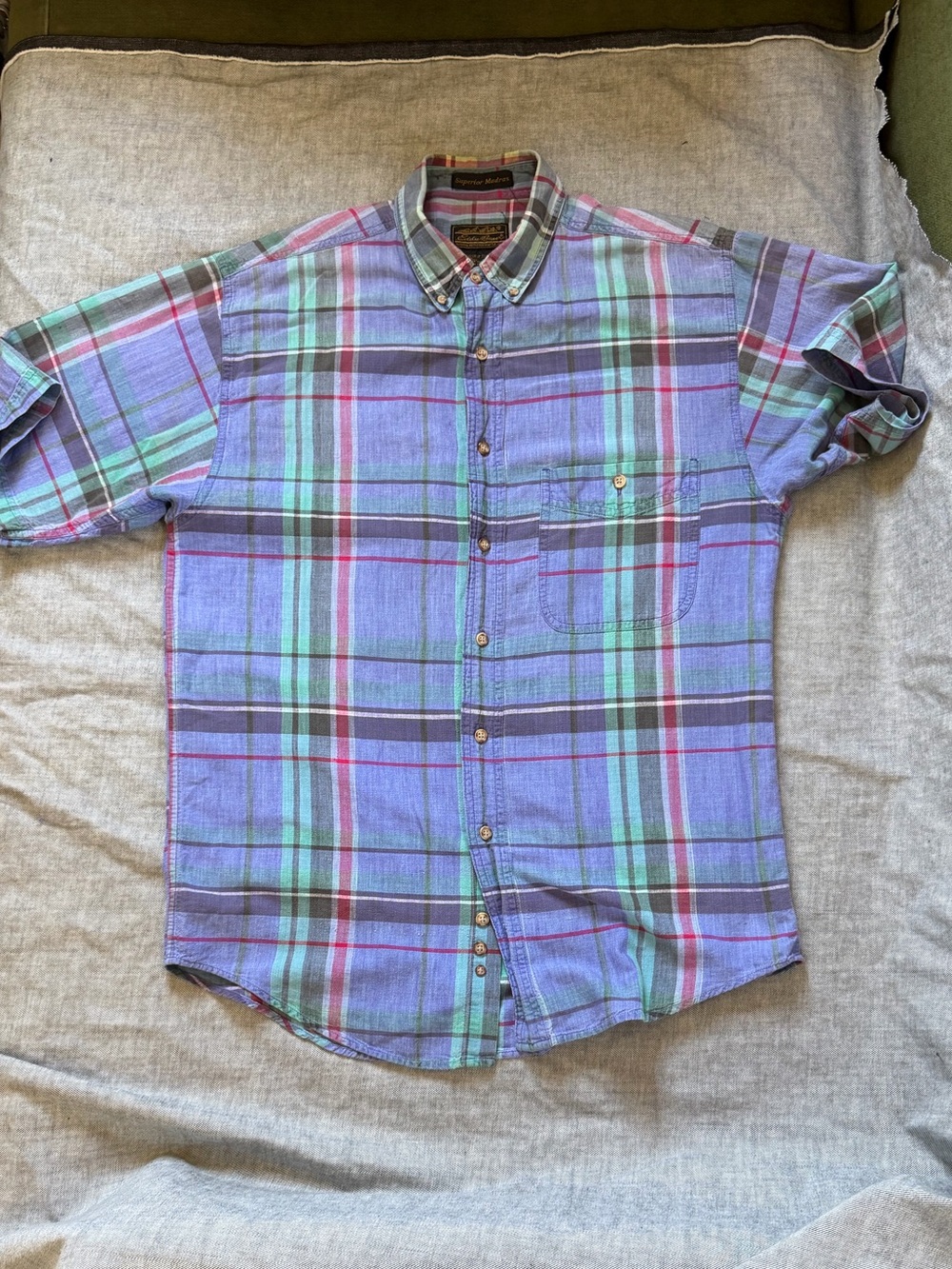 Eddie Bauer Purple Plaid Short-Sleeve Button-Down Shirt